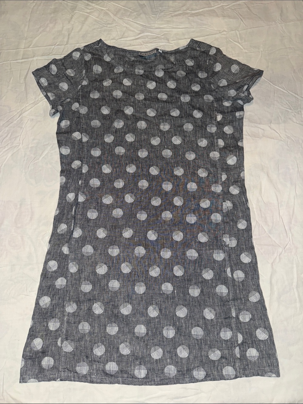 Habitat Grey White Polka Dot 100% Linen Short Sleeve Shift Dress Pockets XS